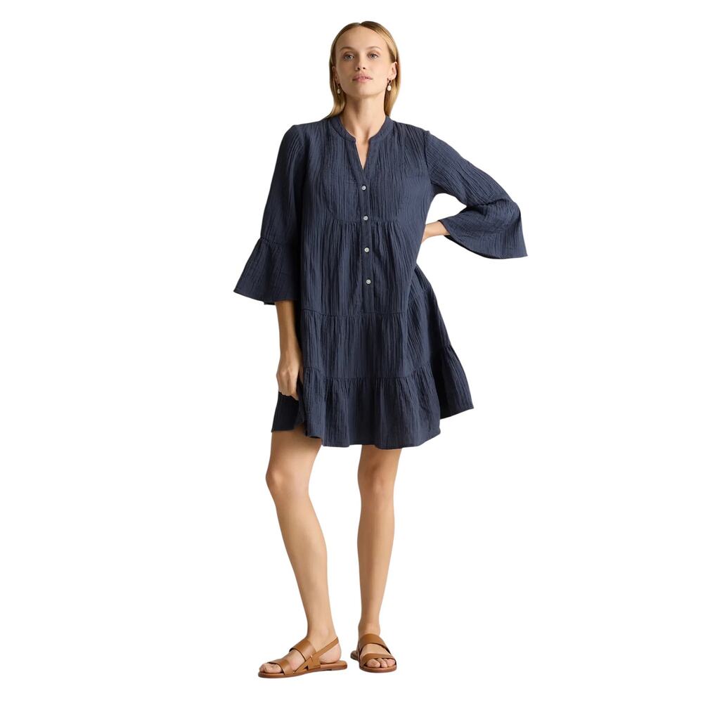 Quince 100% Organic Cotton Gauze Long Sleeve Tiered Mini Dress Small Blue